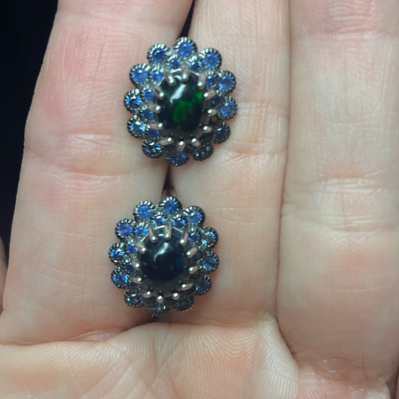 Genuine Black Opal and sapphire earrings - Picture 4 of 6